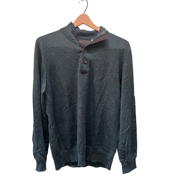Orvis Mens Merino Wool Button Mock Neck‎ Sweater Green Pullover Medium